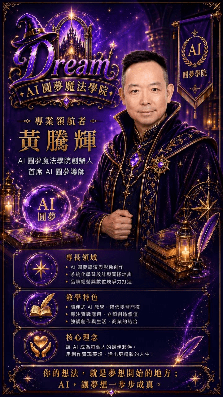 黃騰輝，AI圓夢魔法學院創辦人與熟齡 AI 學習陪伴導師介紹